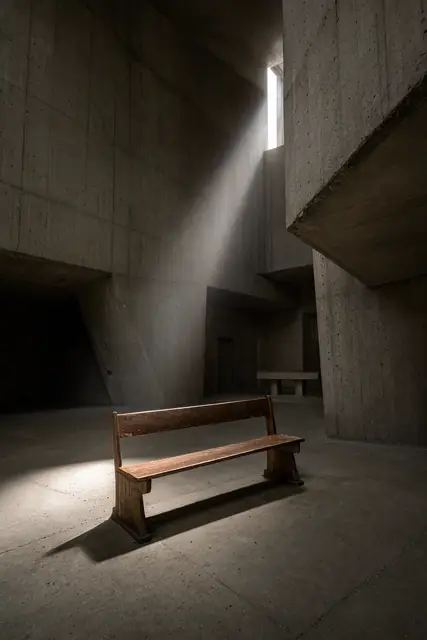 FLUX 3 Klein ComfyUI: A brutalist concrete church lit by one slot of daylight (Base)