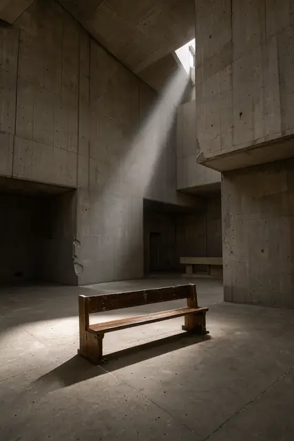 FLUX 3 Klein ComfyUI: A brutalist concrete church lit by one slot of daylight
