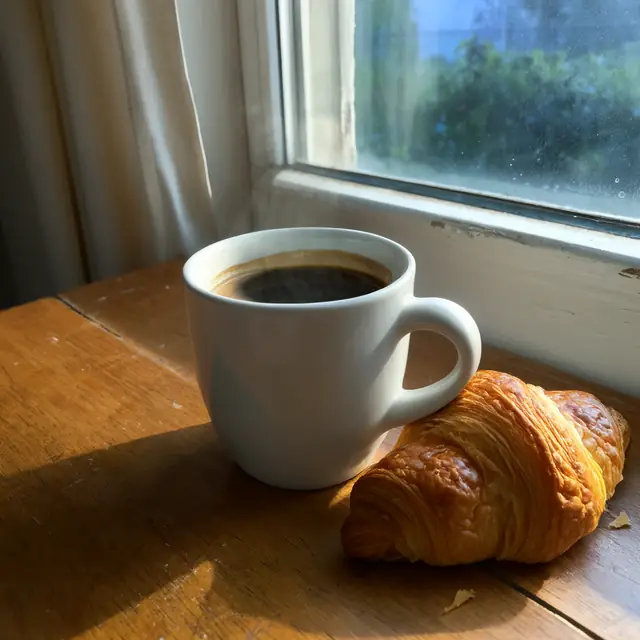 FLUX 3 Klein ComfyUI: Coffee and a croissant added to an empty mug (Base)