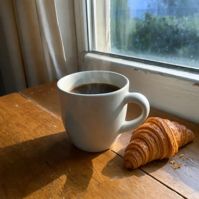 FLUX 3 Klein ComfyUI: Coffee and a croissant added to an empty mug