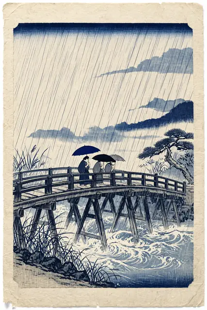 FLUX 3 Klein ComfyUI: Rain over a wooden bridge as a woodblock print (Base)