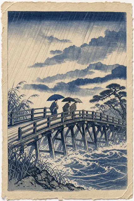 FLUX 3 Klein ComfyUI: Rain over a wooden bridge as a woodblock print