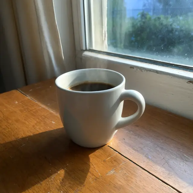 FLUX 3 Klein ComfyUI: Coffee and a croissant added to an empty mug (input 1)