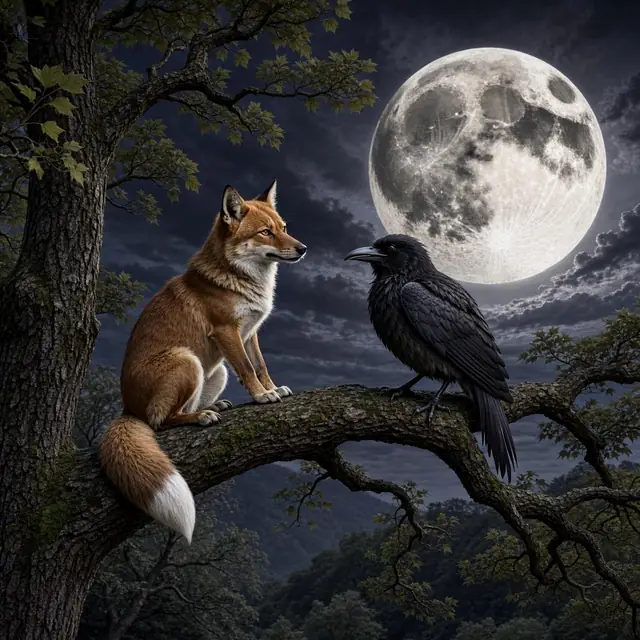 FLUX 3 Klein ComfyUI: A fox and a crow under a full moon, trained style LoRA (No LoRA)