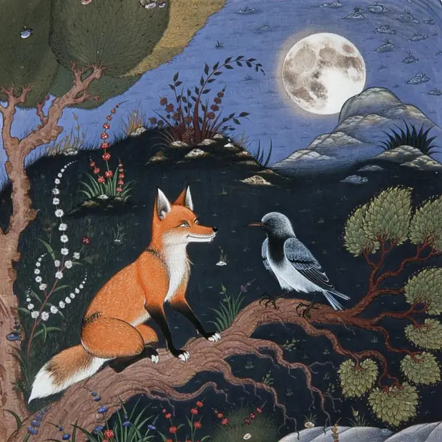FLUX 3 Klein ComfyUI: A fox and a crow under a full moon, trained style LoRA