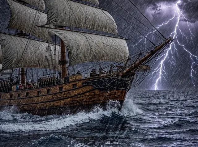 FLUX 3 Klein ComfyUI: A sailing ship in a storm, trained style LoRA (No LoRA)