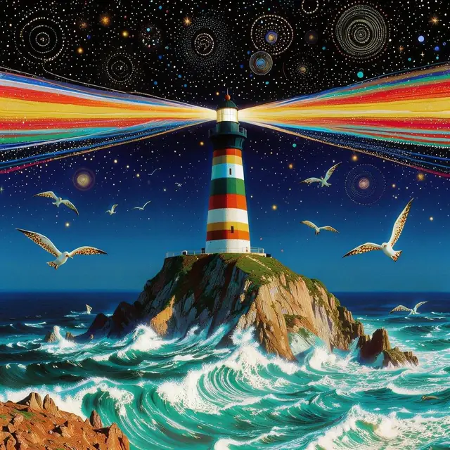 FLUX 3 Klein ComfyUI: A striped lighthouse under a starry sky, trained style LoRA