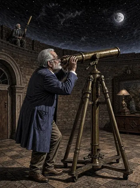 FLUX 3 Klein ComfyUI: An astronomer at a brass telescope, trained style LoRA (No LoRA)