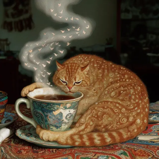 FLUX 3 Klein ComfyUI: An orange cat with a cup of tea, trained style LoRA (No LoRA)