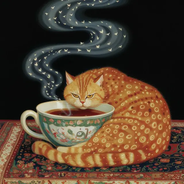 FLUX 3 Klein ComfyUI: An orange cat with a cup of tea, trained style LoRA