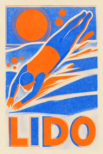 FLUX 3 Klein ComfyUI: A two-ink risograph poster of a lido swimmer (Base)