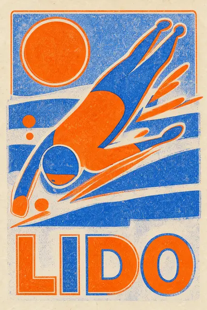 FLUX 3 Klein ComfyUI: A two-ink risograph poster of a lido swimmer