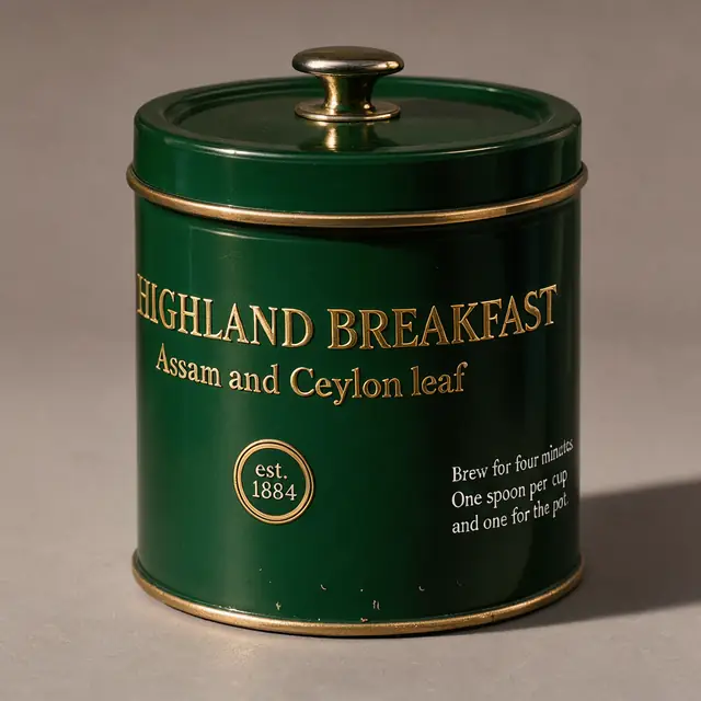 FLUX 3 Klein ComfyUI: A tea tin with gold lettering