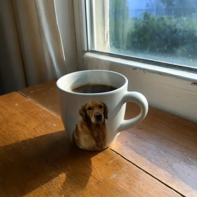FLUX 3 Klein ComfyUI: The dog from the second photo printed on the mug (Base)