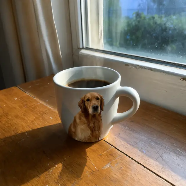 FLUX 3 Klein ComfyUI: The dog from the second photo printed on the mug