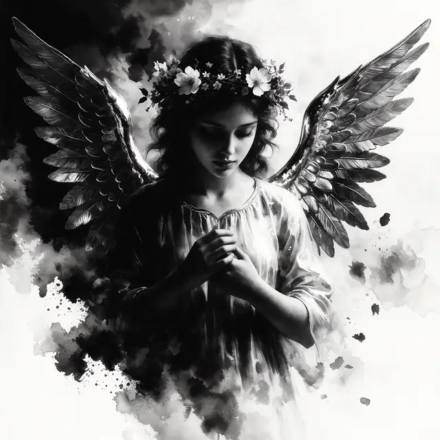 Krea 2 ComfyUI: An angel with metallic wings and a flower crown