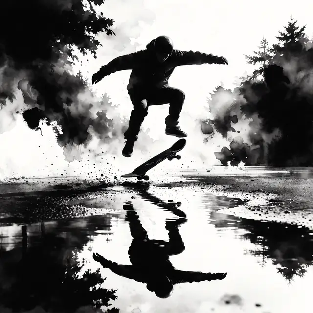 Krea 2 ComfyUI: A skateboarder’s kickflip mirrored in a puddle
