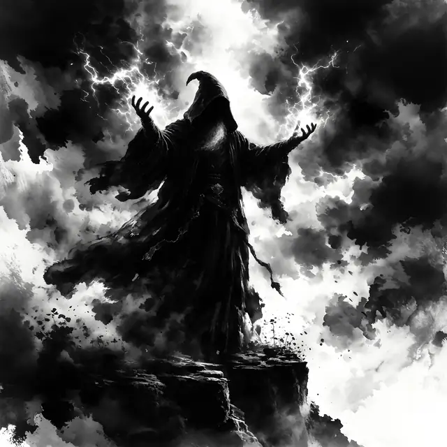 Krea 2 ComfyUI: A sorcerer calling down lightning on a cliff edge