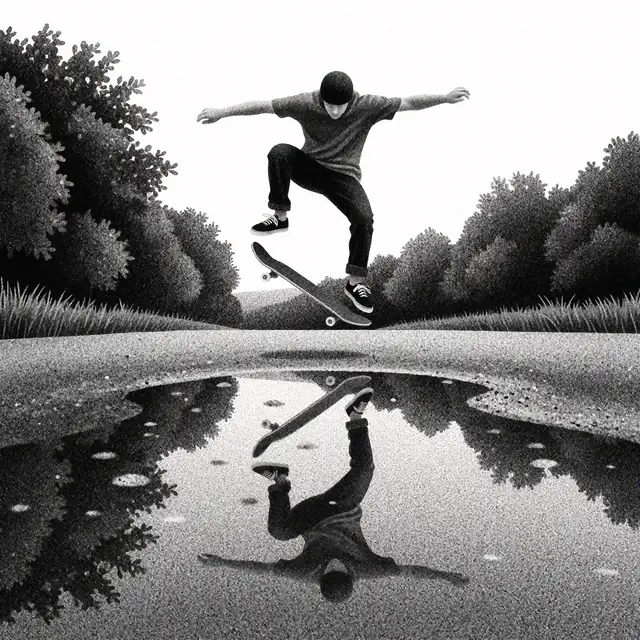 Krea 2 ComfyUI: A skateboarder’s kickflip mirrored in a puddle