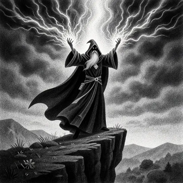 Krea 2 ComfyUI: A sorcerer calling down lightning on a cliff edge