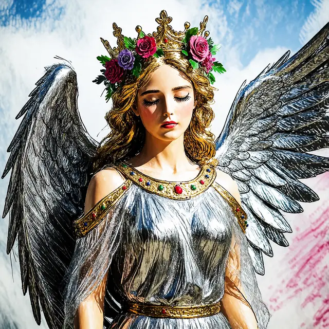 Krea 2 ComfyUI: An angel with metallic wings and a flower crown