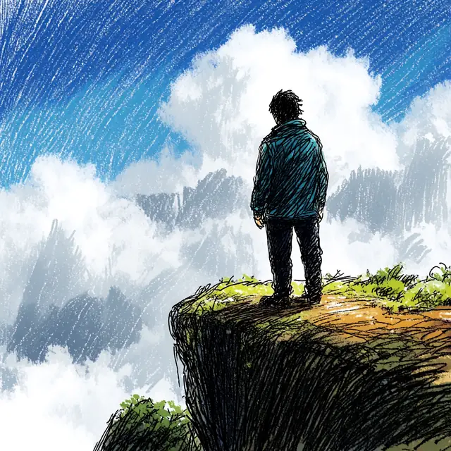 Krea 2 ComfyUI: A lone figure on a cliff under billowing clouds