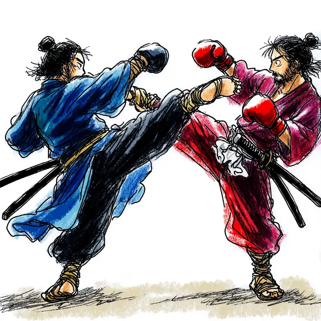 Krea 2 ComfyUI: Two samurai trading muay thai kicks