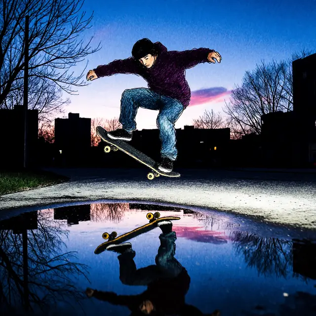 Krea 2 ComfyUI: A skateboarder’s kickflip mirrored in a puddle