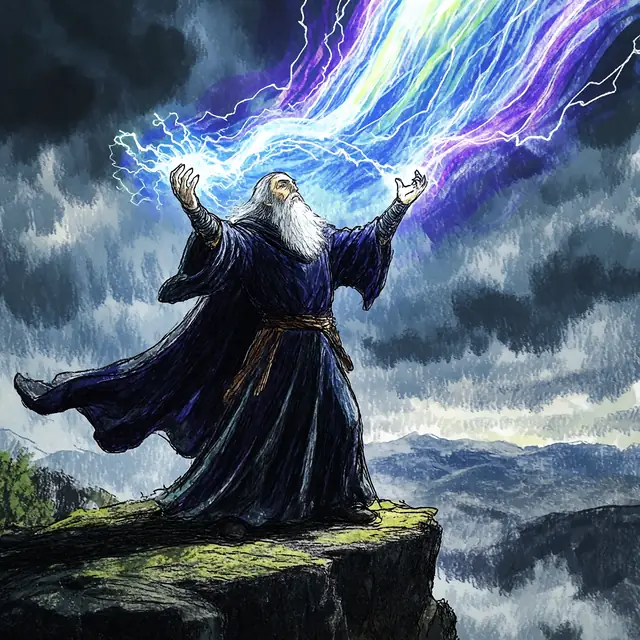 Krea 2 ComfyUI: A sorcerer calling down lightning on a cliff edge