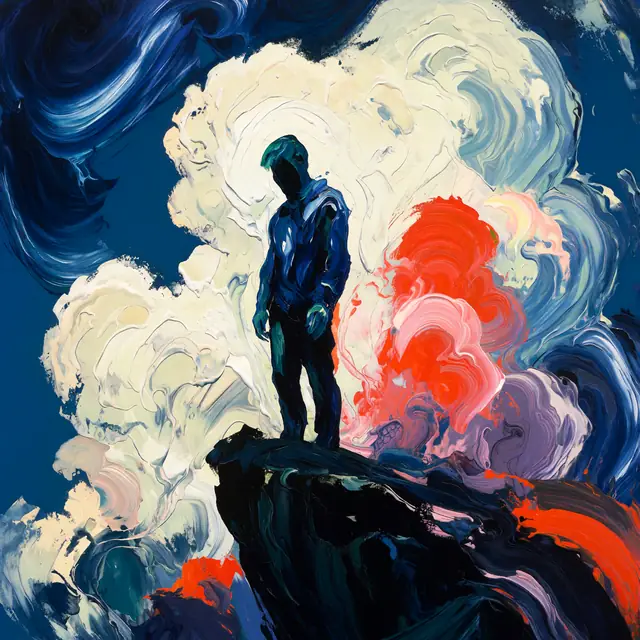 Krea 2 ComfyUI: A lone figure on a cliff under billowing clouds