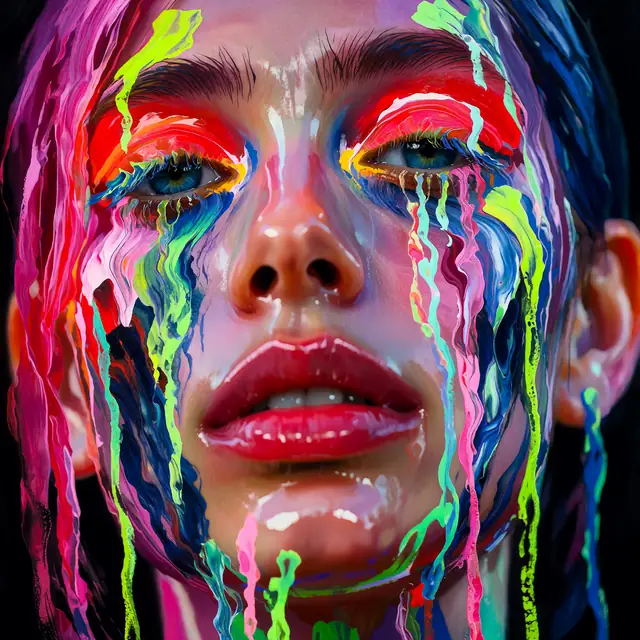Krea 2 ComfyUI: A portrait with neon highlights and dripping paint