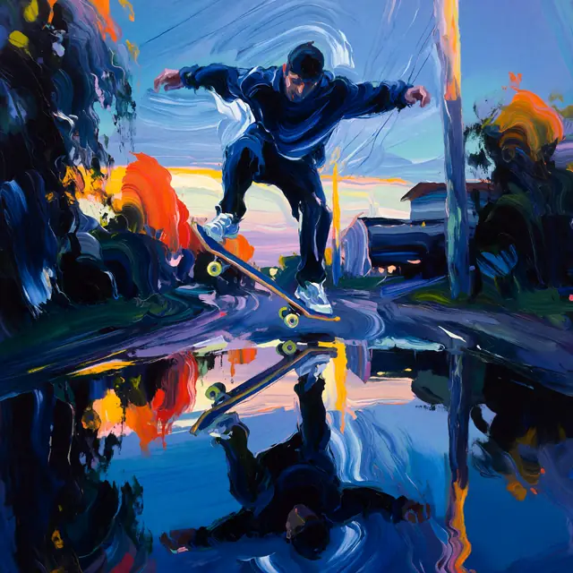 Krea 2 ComfyUI: A skateboarder’s kickflip mirrored in a puddle