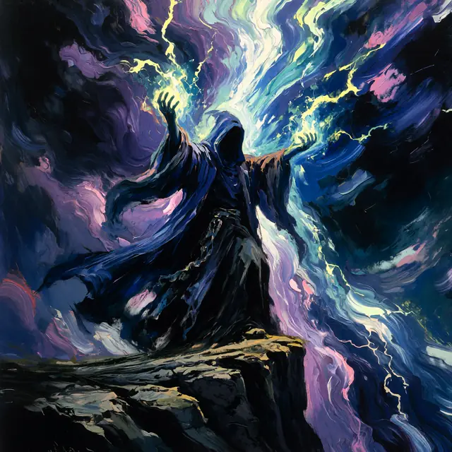 Krea 2 ComfyUI: A sorcerer calling down lightning on a cliff edge