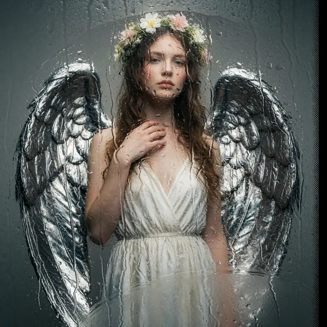 Krea 2 ComfyUI: An angel with metallic wings and a flower crown