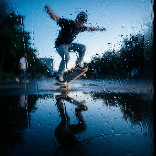 Krea 2 ComfyUI: A skateboarder’s kickflip mirrored in a puddle