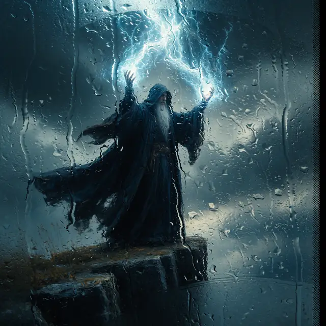 Krea 2 ComfyUI: A sorcerer calling down lightning on a cliff edge