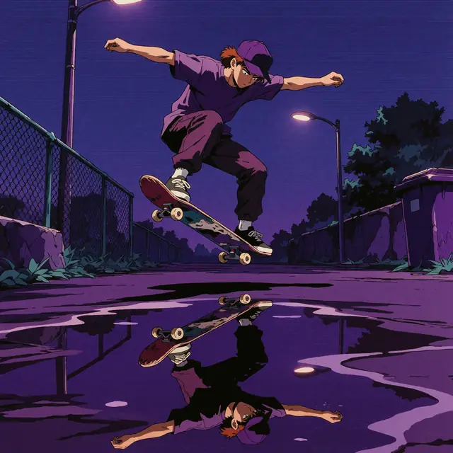 Krea 2 ComfyUI: A skateboarder’s kickflip mirrored in a puddle