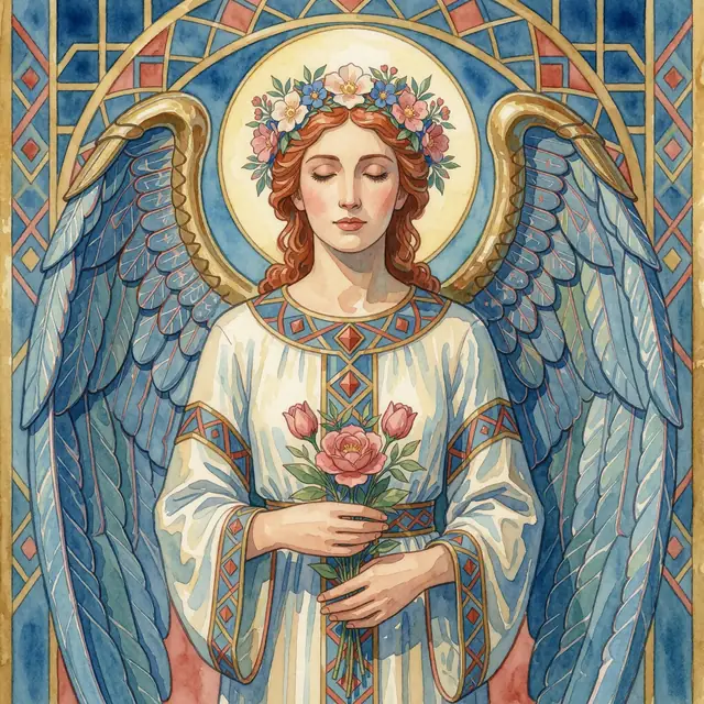 Krea 2 ComfyUI: An angel with metallic wings and a flower crown