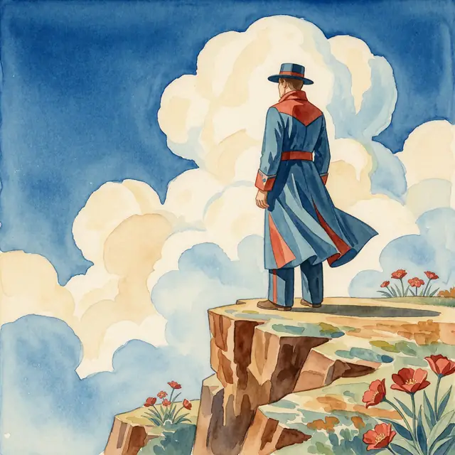 Krea 2 ComfyUI: A lone figure on a cliff under billowing clouds