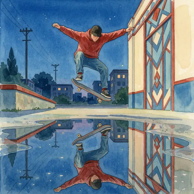 Krea 2 ComfyUI: A skateboarder’s kickflip mirrored in a puddle