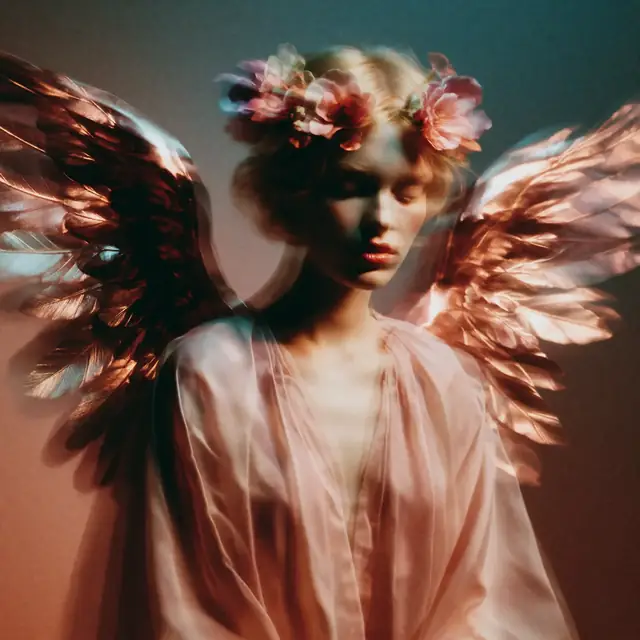 Krea 2 ComfyUI: An angel with metallic wings and a flower crown