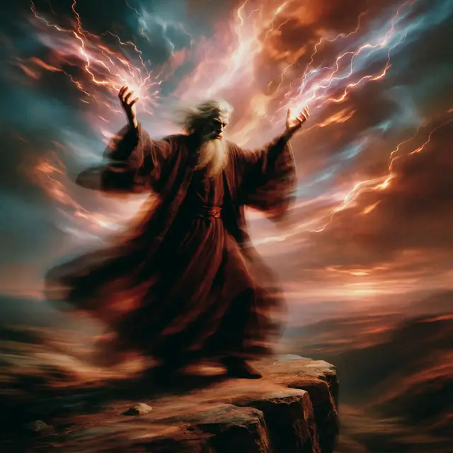Krea 2 ComfyUI: A sorcerer calling down lightning on a cliff edge
