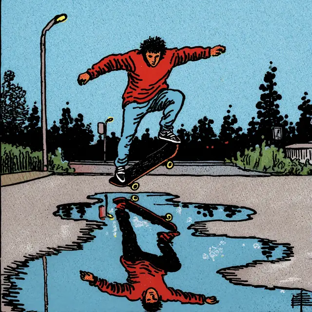 Krea 2 ComfyUI: A skateboarder’s kickflip mirrored in a puddle