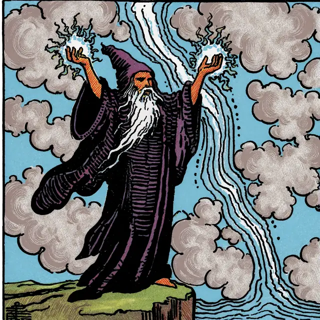 Krea 2 ComfyUI: A sorcerer calling down lightning on a cliff edge