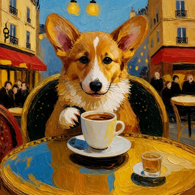Krea 2 ComfyUI: A corgi in a Paris café, painted in the reference’s impasto